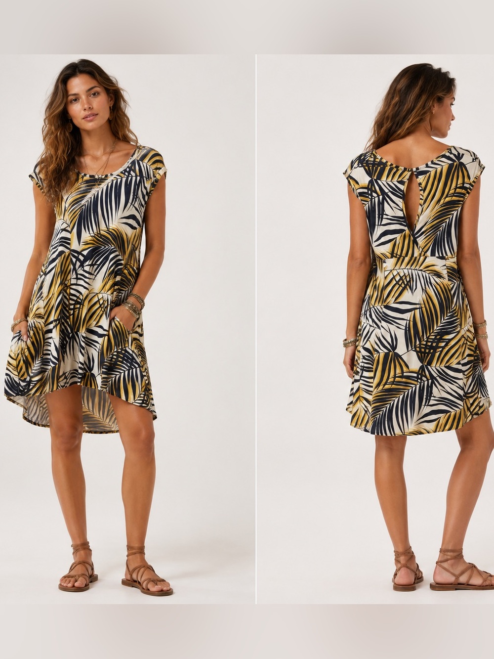 Palm Leaf Print A-Line Resort Botanical Vacation Dress Black White & Gold Medium